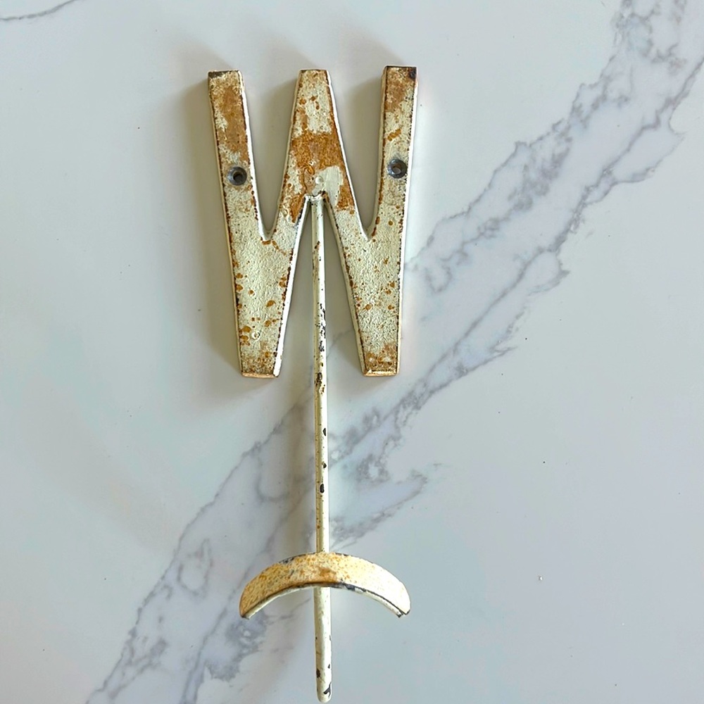 W initial chippy rusty paint metal hook vintage inspired
